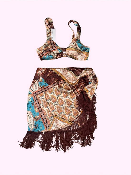 12th Tribe Dresses & Skirts - Paisley Print Bikini Top and Fringe Sarong Set in Turquoise & Brown